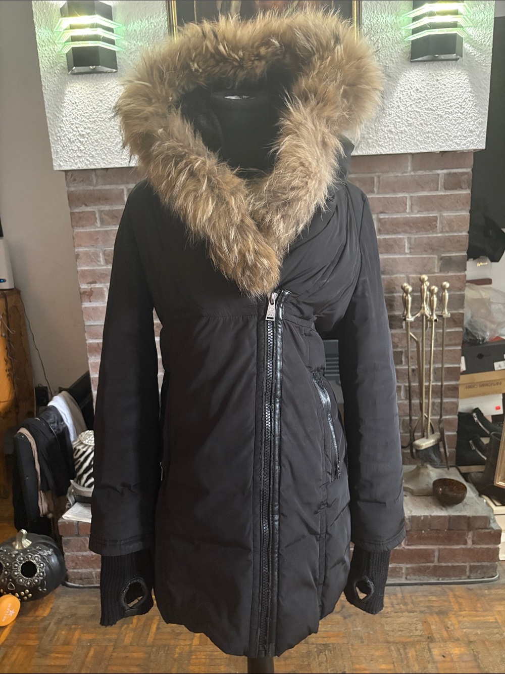 Black Hooded Puffer Coat with Brown Faux Fur Trim